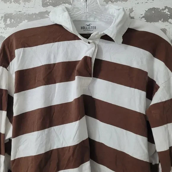 Hollister Womens Size Medium Striped Crop Top Long-Sleeve Collared Polo Brown - Picture 1 of 4